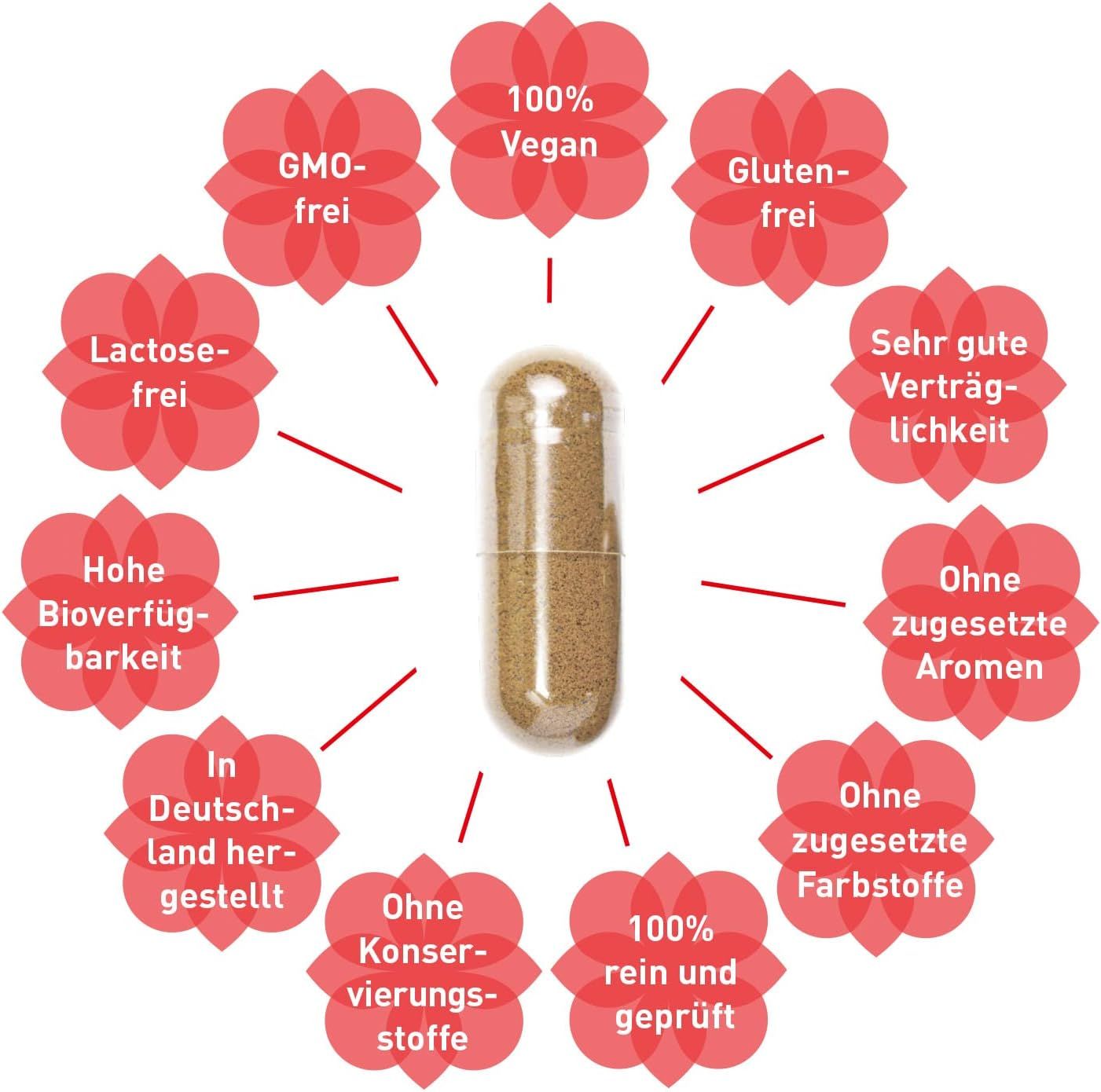 Kapsel in transparenter Hülle, umgeben von Infografik-Blüten mit Texten wie 'GMO-frei', 'Vegan', 'Glutenfrei'.