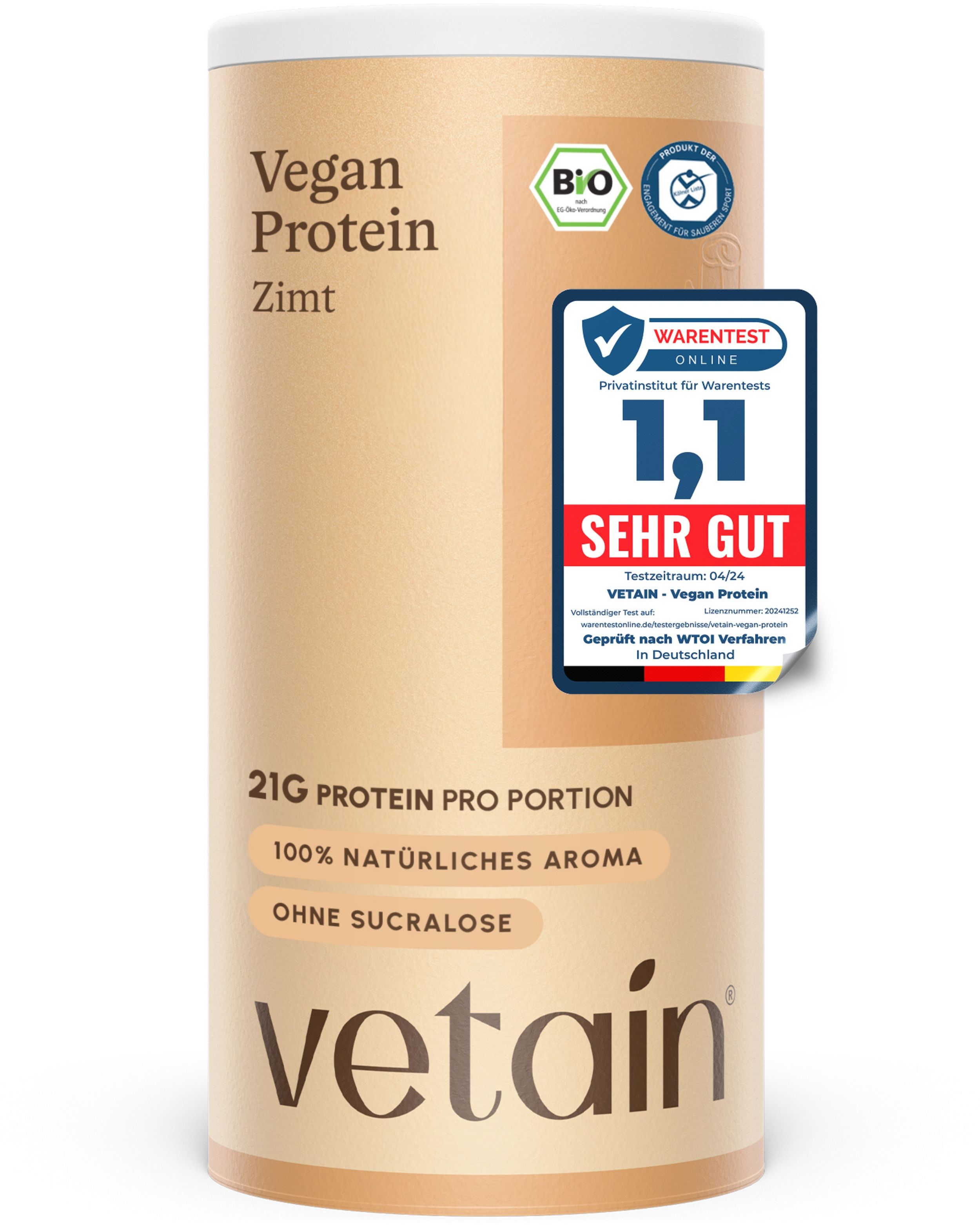 VETAIN Vegan Protein Zimt Dose mit Bio-Siegel und Auszeichnung.
