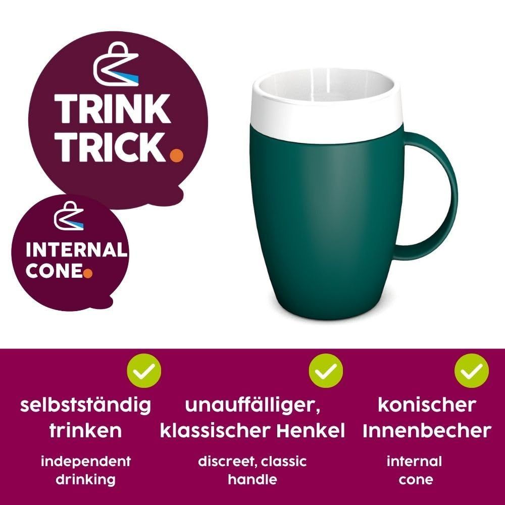 Grüner Becher mit weißem Rand und Henkel. Logos: Trink-Trick, Internal Cone. Text: selbstständig trinken, unauffälliger Henkel, konischer Innenbecher.