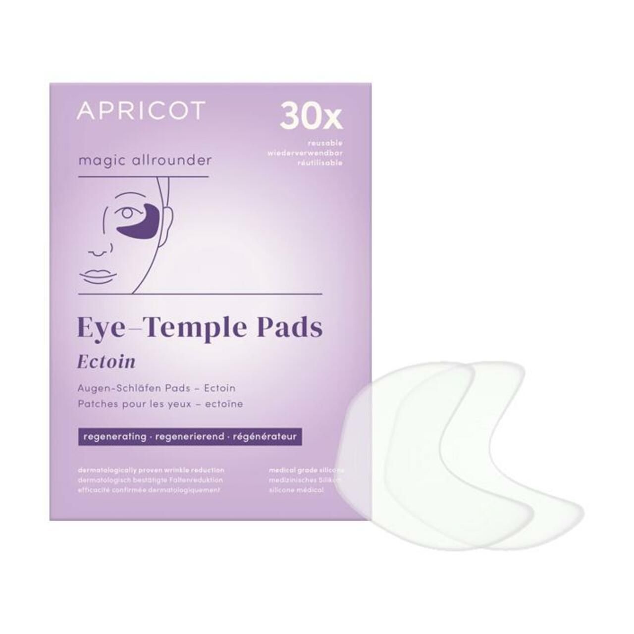 Verpackung mit Augen-Schläfenpads. Marke APRICOT, Text: Eye-Temple Pads Ectoin. Pads daneben.