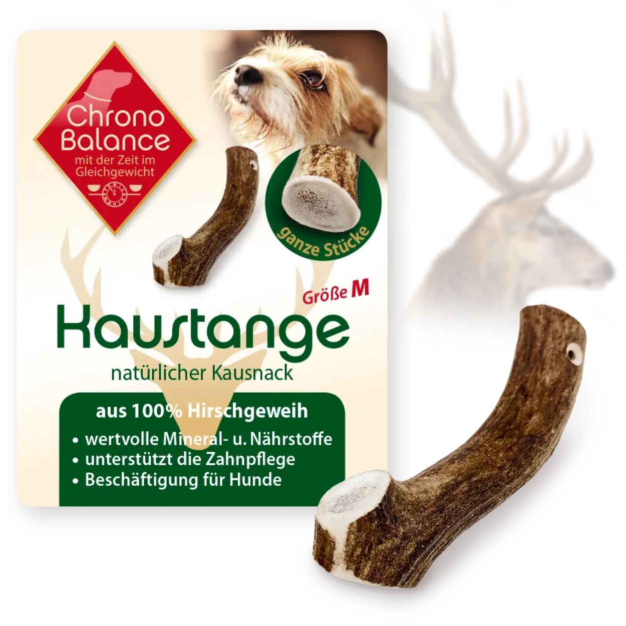 Ganze Rothirsch Geweihstange für Hunde. Braune Farbe, Größe M. Aufschrift: Chrono Balance, Kausnack, aus 100% Hirschgeweih.