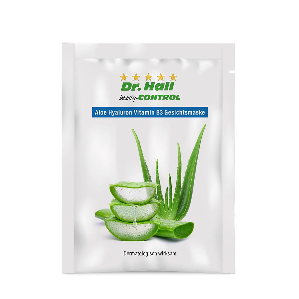 Beutel mit Gesichtsmaske. Aufschrift: Dr. Hall, Aloe Hyaluron Vitamin B3 Gesichtsmaske. Abbildung von Aloe Vera.