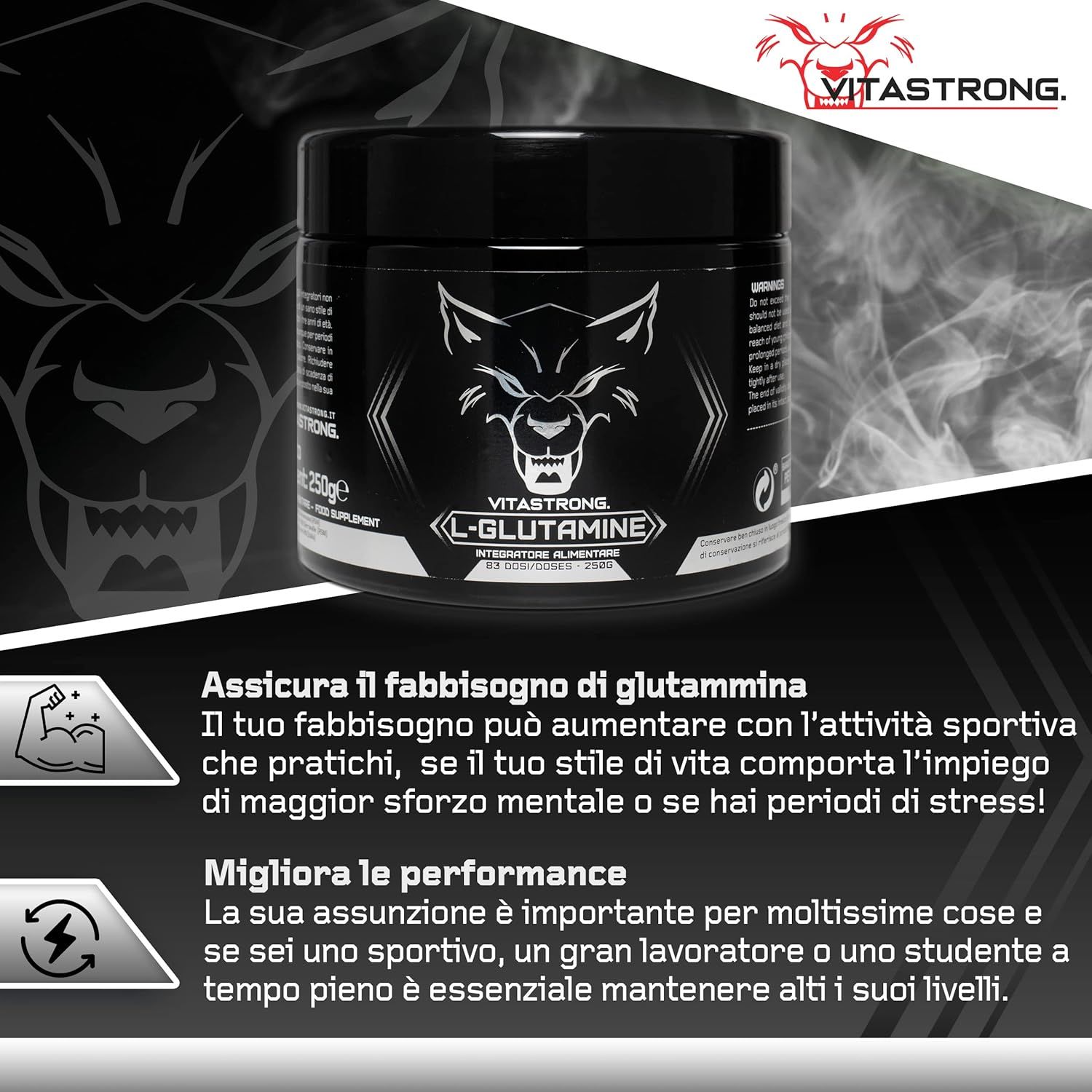 Vitastrong L-Glutamin-Behälter mit Text in italienischer Sprache. Aufschrift: L-Glutamin, 250g.
