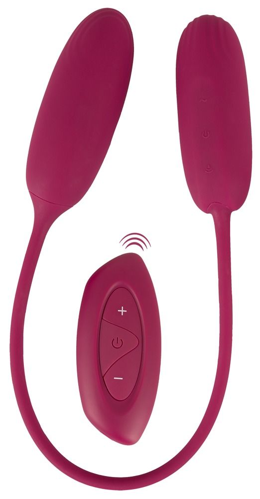 Pinkfarbenes Vibrations-Ei-Duo mit Fernbedienung. Zwei Eier mit flexiblen Stielen, verbunden mit einer Fernbedienung.