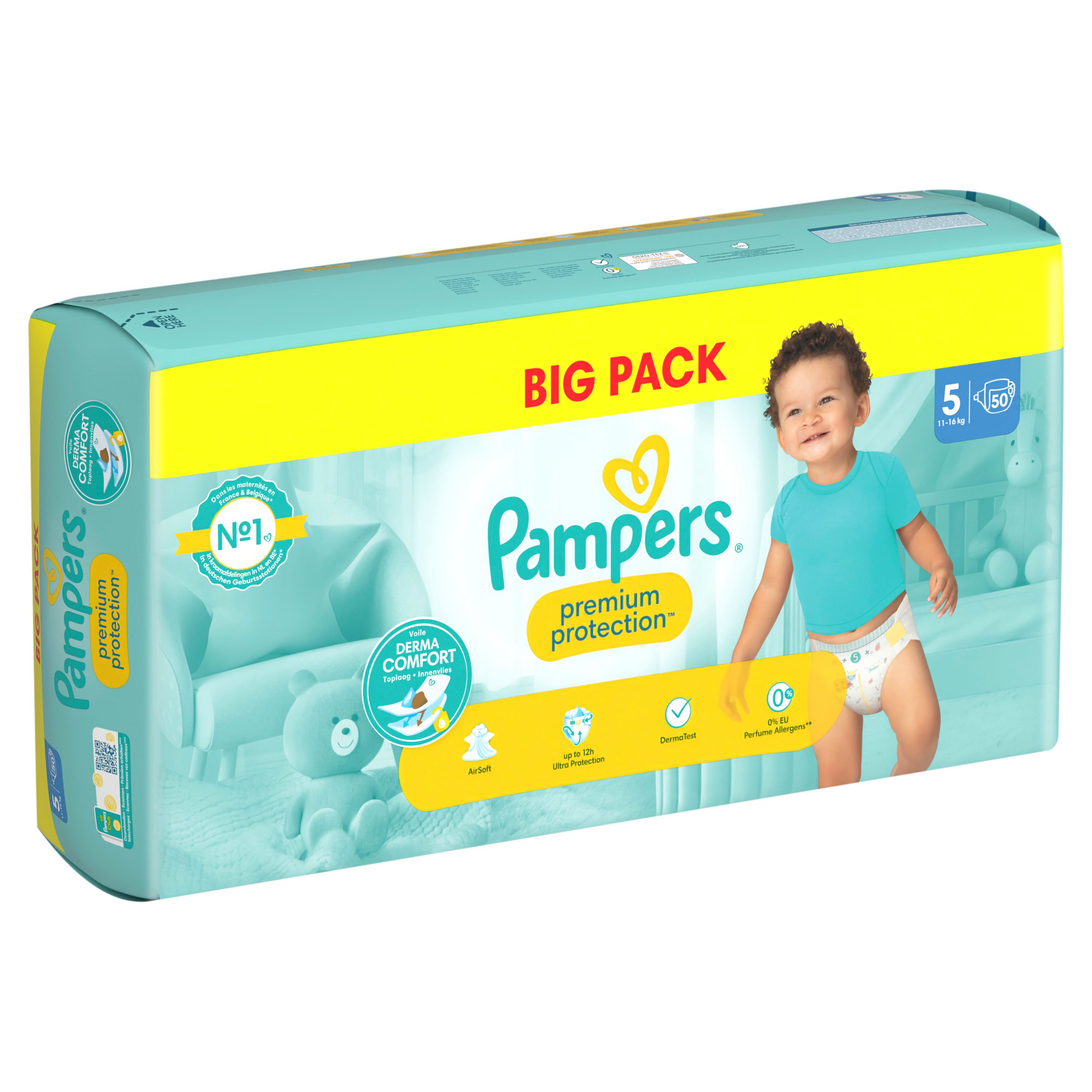 Pampers® Premium Protection™ Windelpackung. Verpackung mit Baby und Produktinformationen.