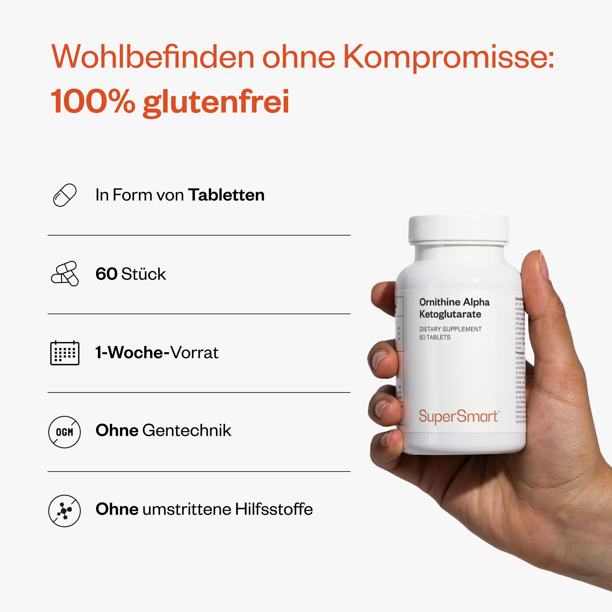 Weißes Fläschchen mit Ornithin Alpha Ketoglutarat, 60 Tabletten. SuperSmart-Logo. Text: 100% glutenfrei, 60 Stück, 1-Woche-Vorrat.