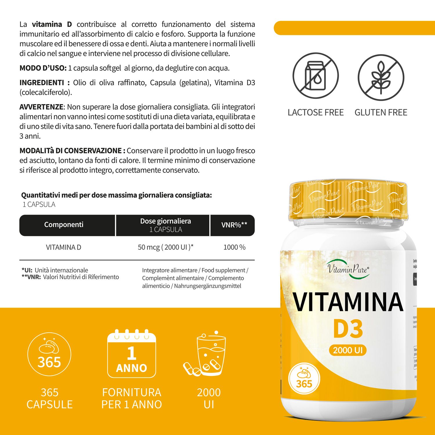 Una bottiglia bianca di VitaminPure® Vitamina D3 2000 UI con 365 capsule. Sulla bottiglia c'è scritto "VITAMINA D3 2000 UI" e "365 capsule". Sulla bottiglia sono presenti simboli per "senza lattosio" e "senza glutine". Sulla bottiglia c'è anche scritto "1 ANNO" e "2000 UI".