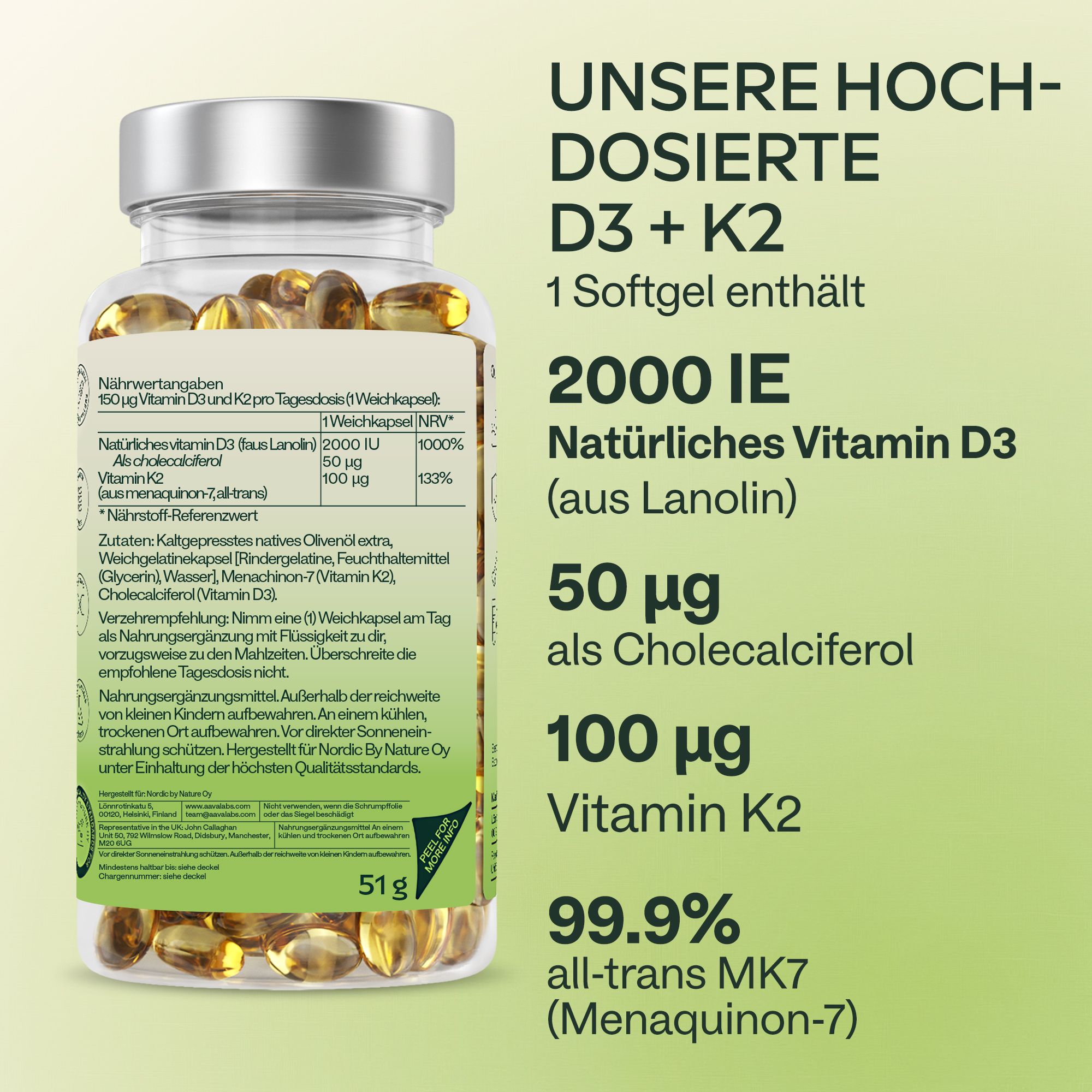 Informationen zu Nährwerten und Inhaltsstoffen. Aufschrift: Vitamin D3 + K2. 2000 IE D3, 100 µg K2.
