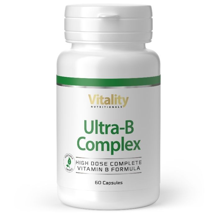 Weiße Flasche Vitality Ultra-B-Komplex mit grünem Streifen und Etikett, 60 Kapseln.