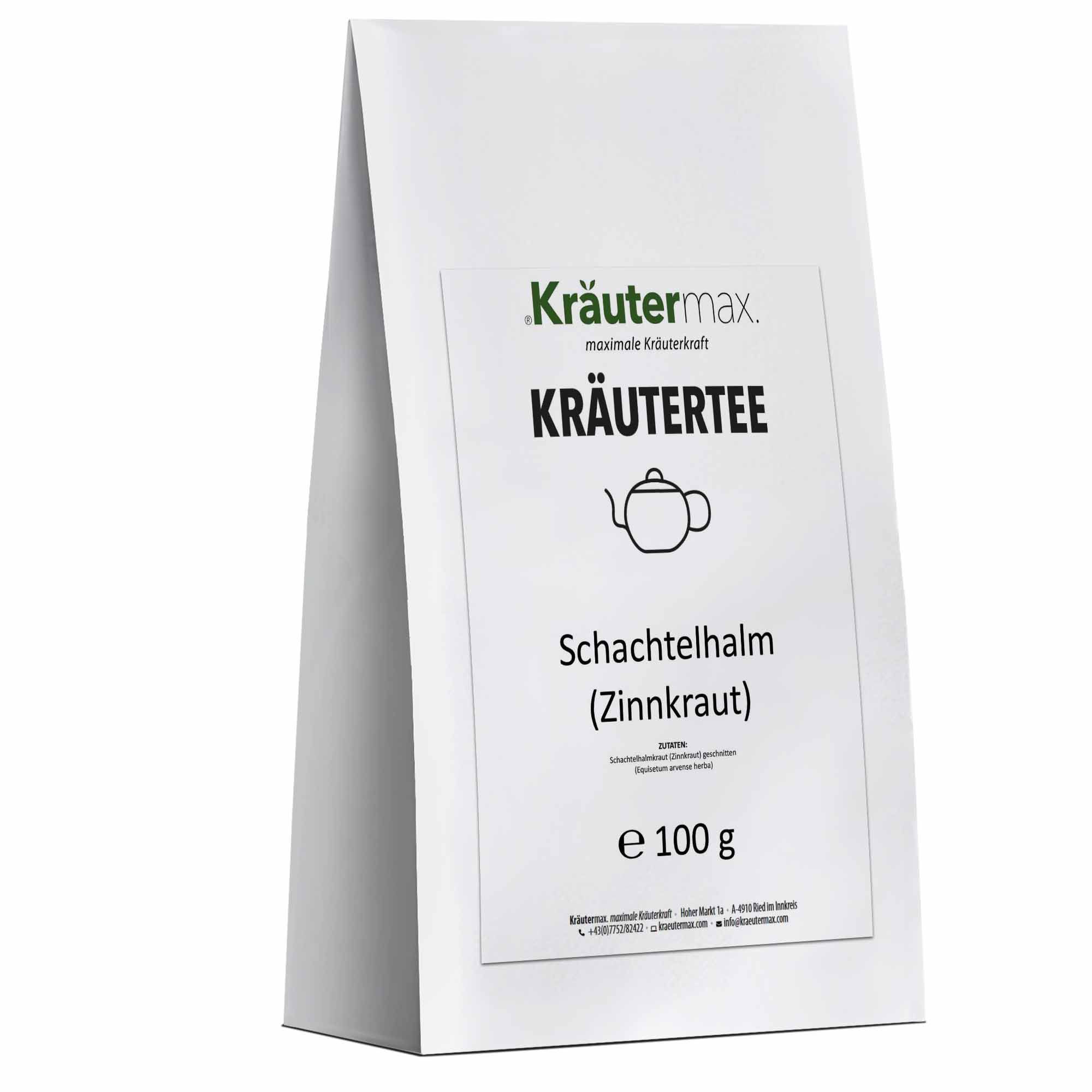 Weiße Verpackung mit Kräutertee-Etikett. Text: Kräutermax, Kräutertee, Schachtelhalm (Zinnkraut), e 100 g.