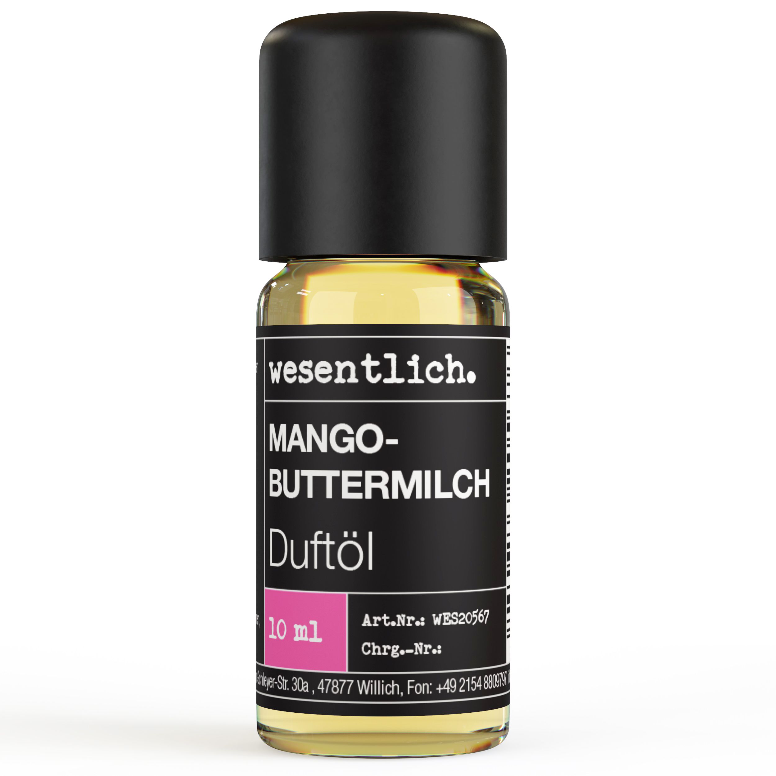 Kleine Flasche Duftöl Mango-Buttermilch von wesentlich. Schwarzer Deckel, schwarzes Etikett mit Produktnamen und Logo.