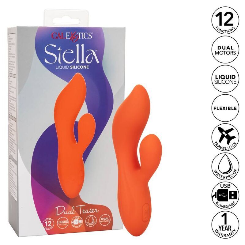 Wellness-Produkt in Verpackung. Zwei orangefarbene Produkte. Aufschrift "Stella Dual Teaser".