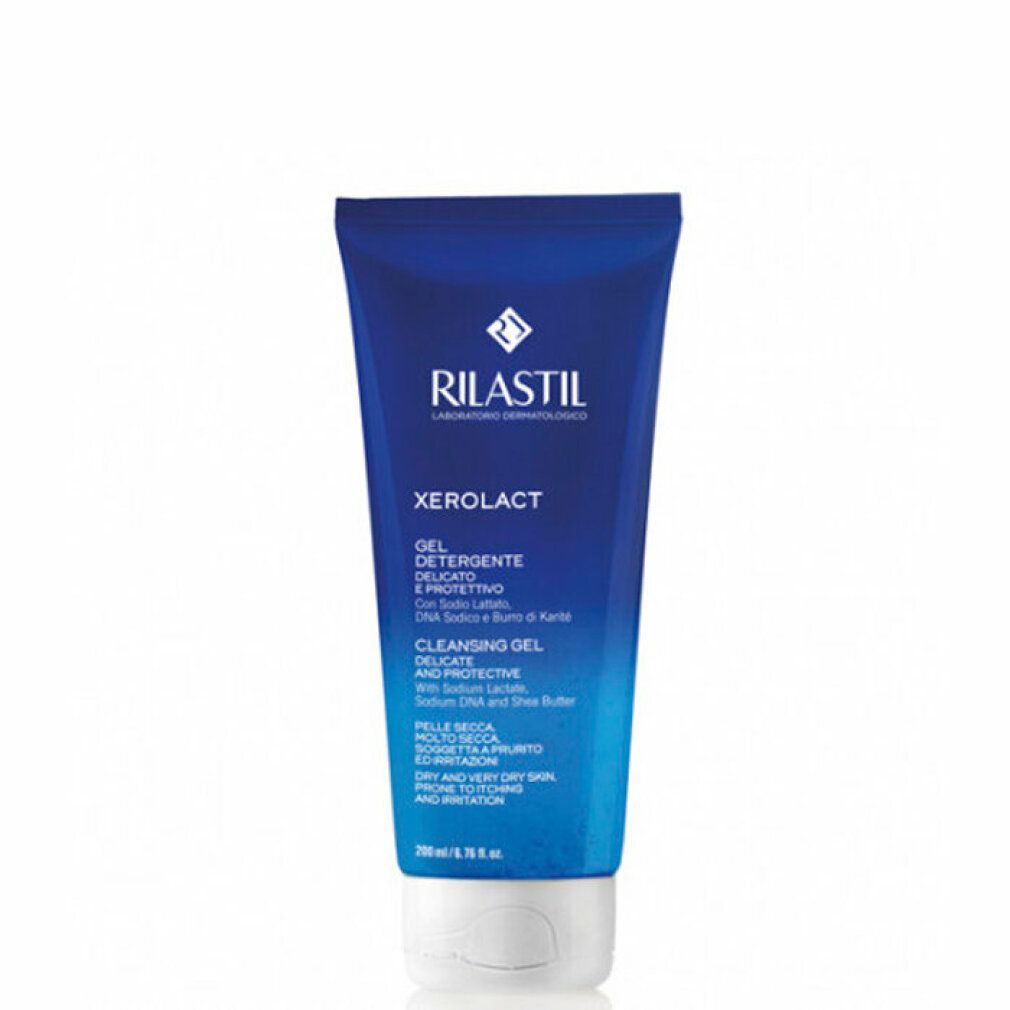 Blau-weiße Tube mit Produktnamen und Text. Enthält Rilastil Xerolact Gel Detergente.