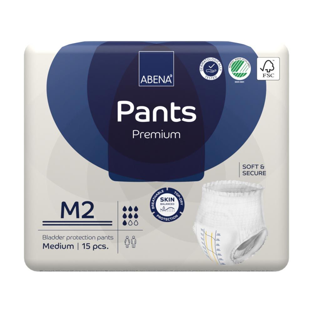 Abena Pants Premium M2. Packung mit Logo, Zertifizierungen und Produktinformationen. Einzelne Inkontinenzhose daneben.