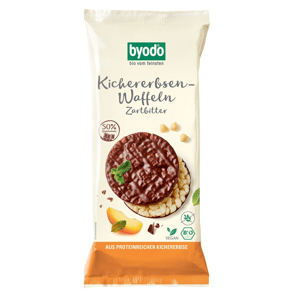 Verpackung mit BYODO Kichererbsen-Waffeln Zartbitter. Runde Waffel mit Schokoladenüberzug, Minze und Kichererbsen. Vegan, Bio-Siegel.