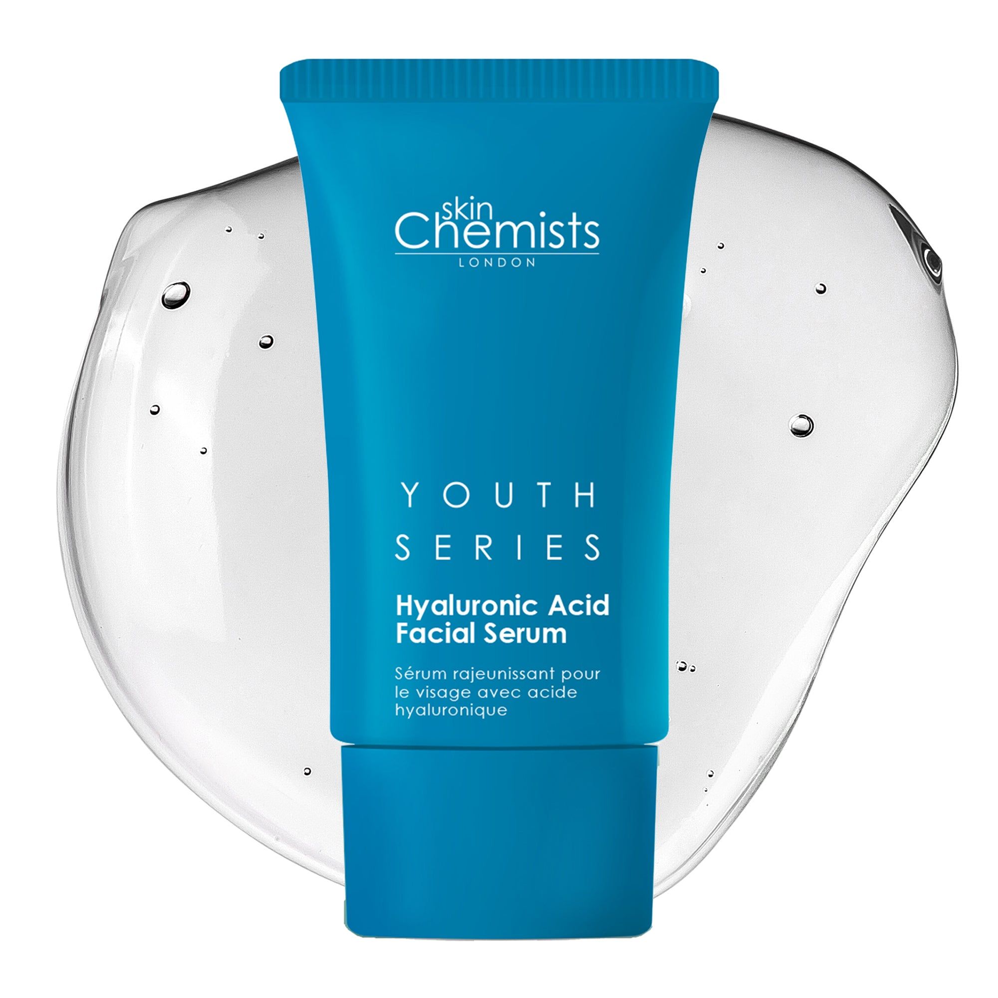 Blaues Serum in Tube, vor transparentem Gel. Schriftzug: skinChemists, Youth Series, Hyaluronsäure Gesichtsserum.