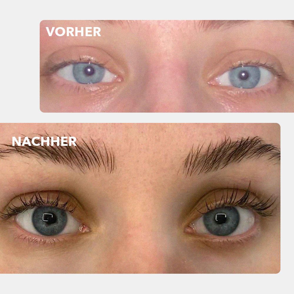 Vorher-Nachher-Vergleich von Wimpern nach Anwendung von KU2 Wimpernserum.