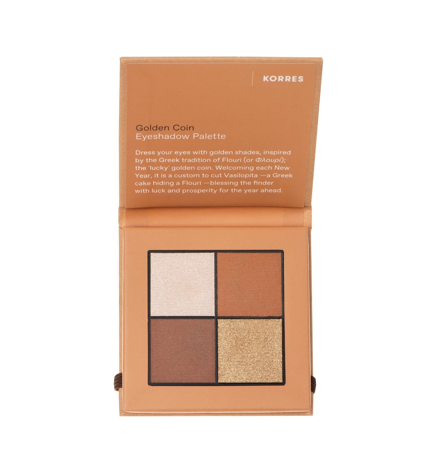 KORRES Eyeshadow Palette Golden Coin, geöffnet. Vier Farbtöne in quadratischen Feldern. Produktname und Beschreibung sichtbar.