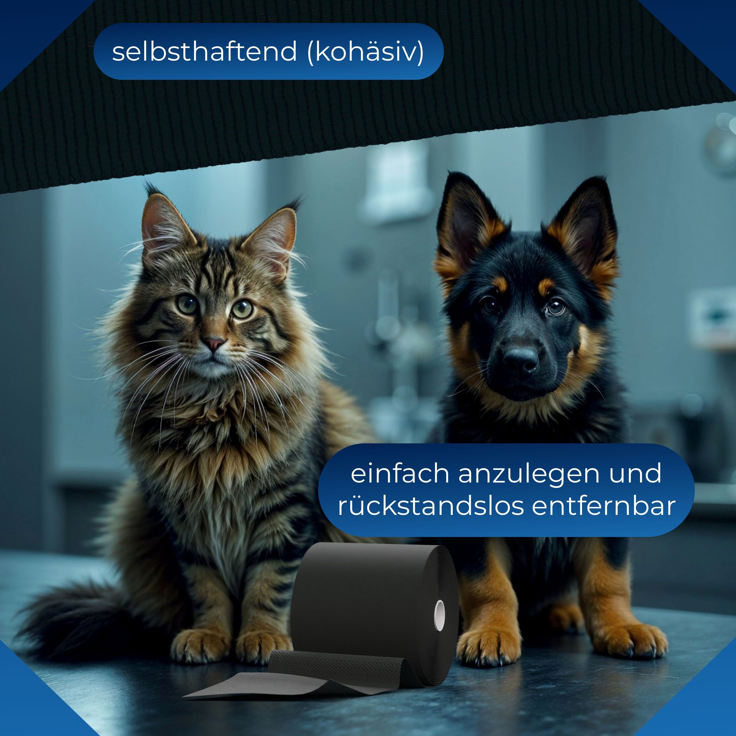 Schwarze, kohäsive Fixierbinde, teilweise abgerollt. Text: 'selbsthaftend (kohäsiv)'. Katze und Hund.