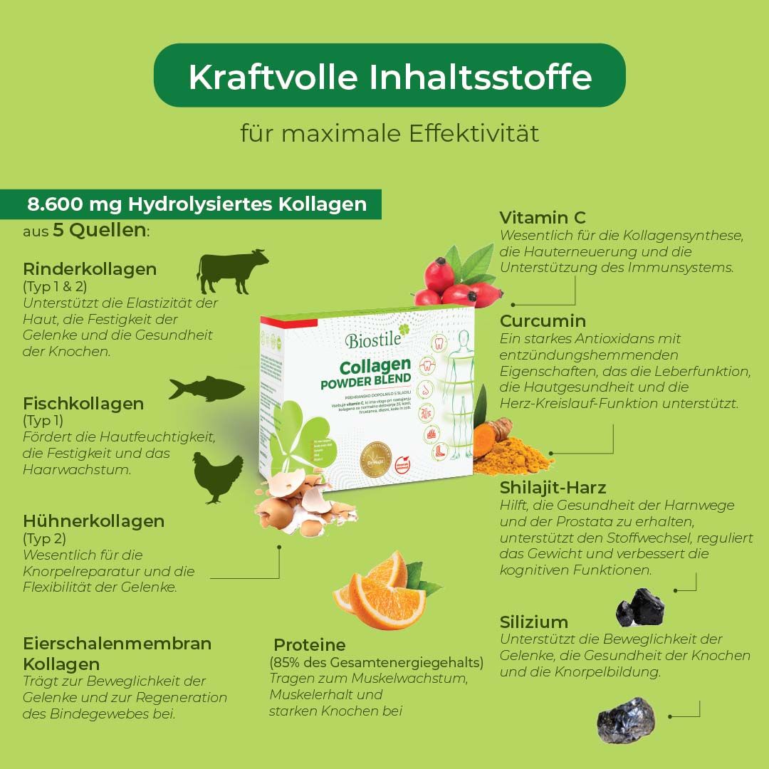 Infografik über Inhaltsstoffe von Biostile Collagen Powder Blend. Enthält Collagen, Vitamin C, Curcumin, etc.