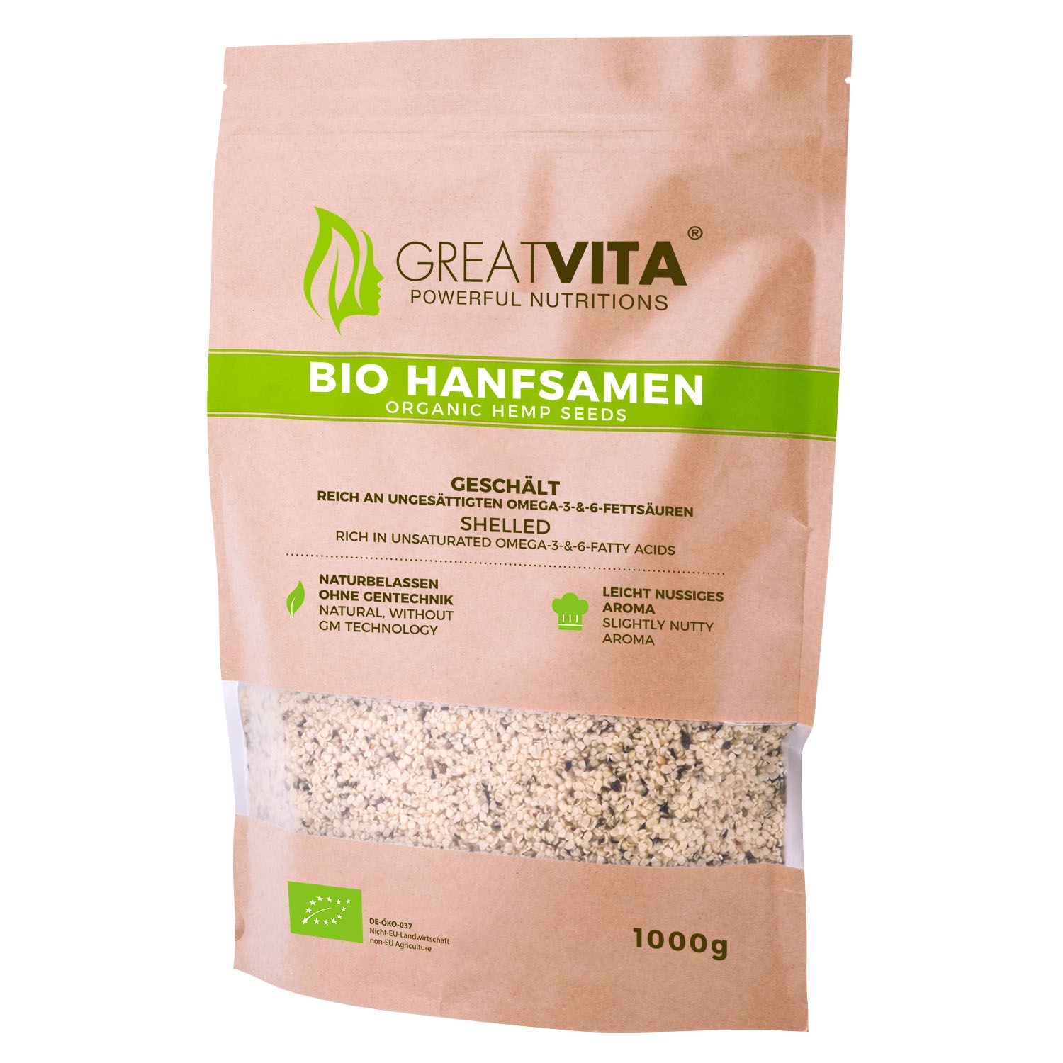 Beutel mit geschälten Bio Hanfsamen. Marke GreatVita. Text: Reich an ungesättigten Omega-3-6-9-Fettsäuren. 1000g.