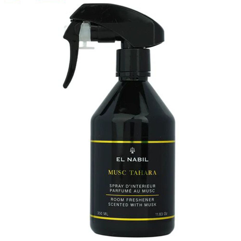 Schwarze Flasche mit Sprühkopf. Aufschrift: EL NABIL, MUSC TAHARA, Raumduft mit Moschus. Goldfarbene Akzente. 350 ml.
