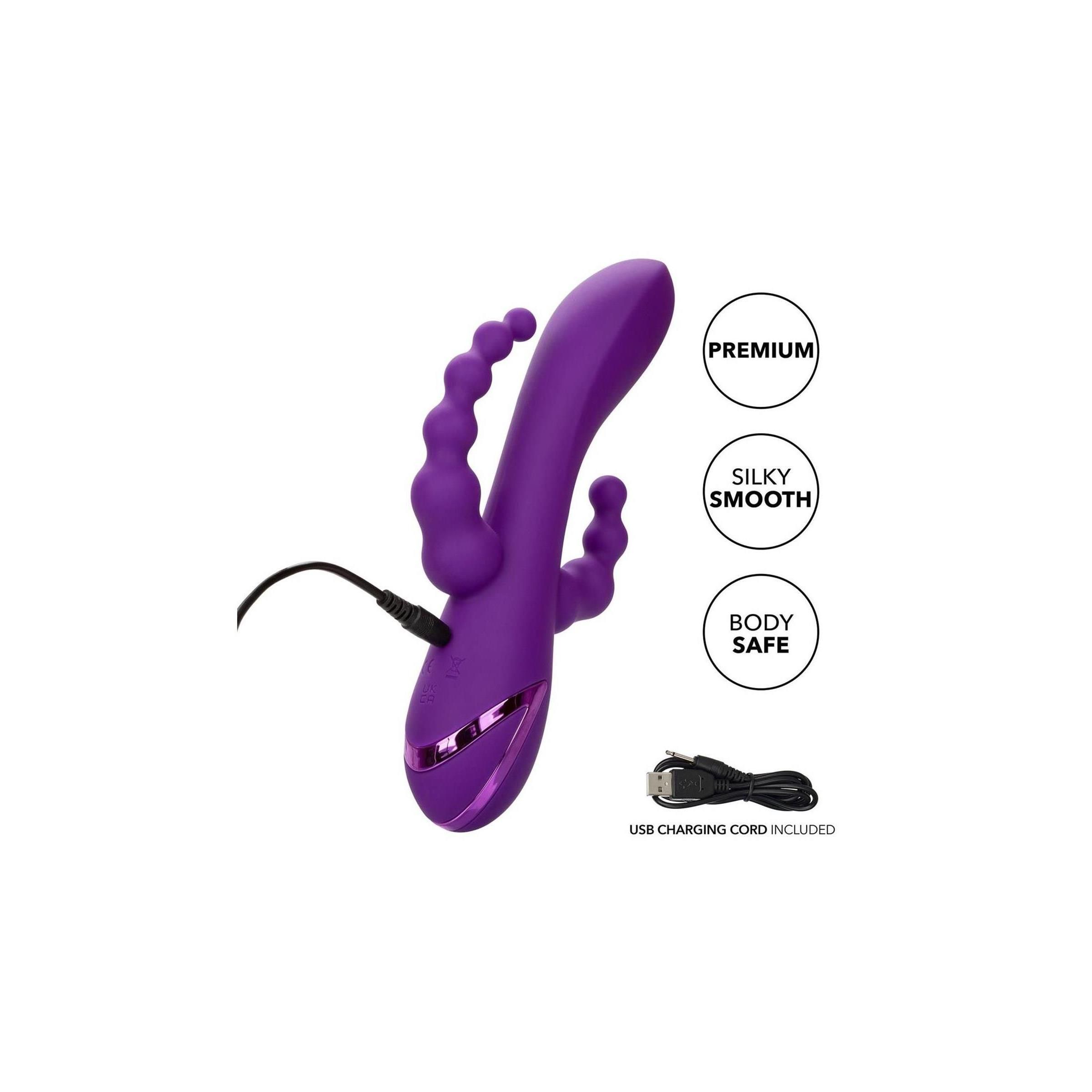 Lila Vibrator mit USB-Ladekabel. Auf dem Produkt steht "Premium", "Silky Smooth" und "Body Safe".