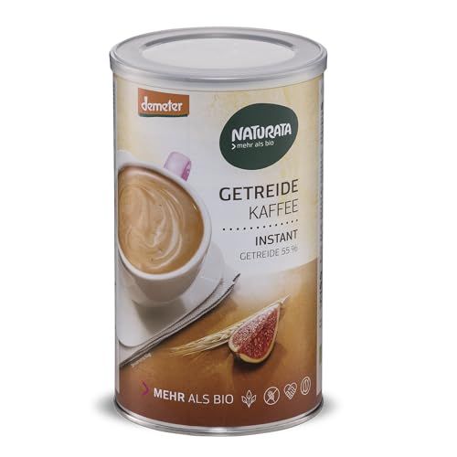 Naturata Getreidekaffee Instant Dose mit Bild einer Kaffeetasse, Feige und Getreideähren. Demeter zertifiziert.