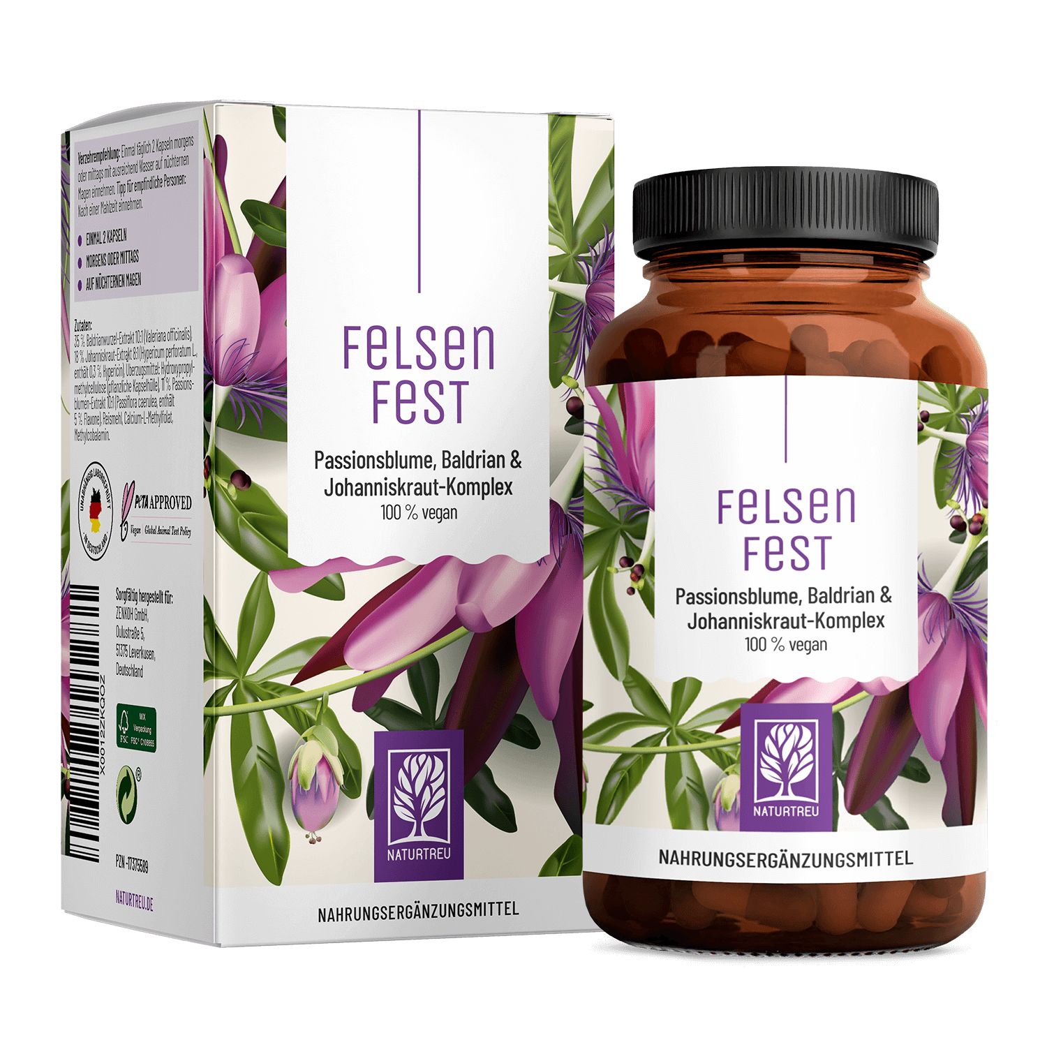 Braune Flasche und Schachtel mit Produktaufdruck. Enthält Johanniskraut, Baldrian und Passionsblume. Vegan. NATURTREU®.