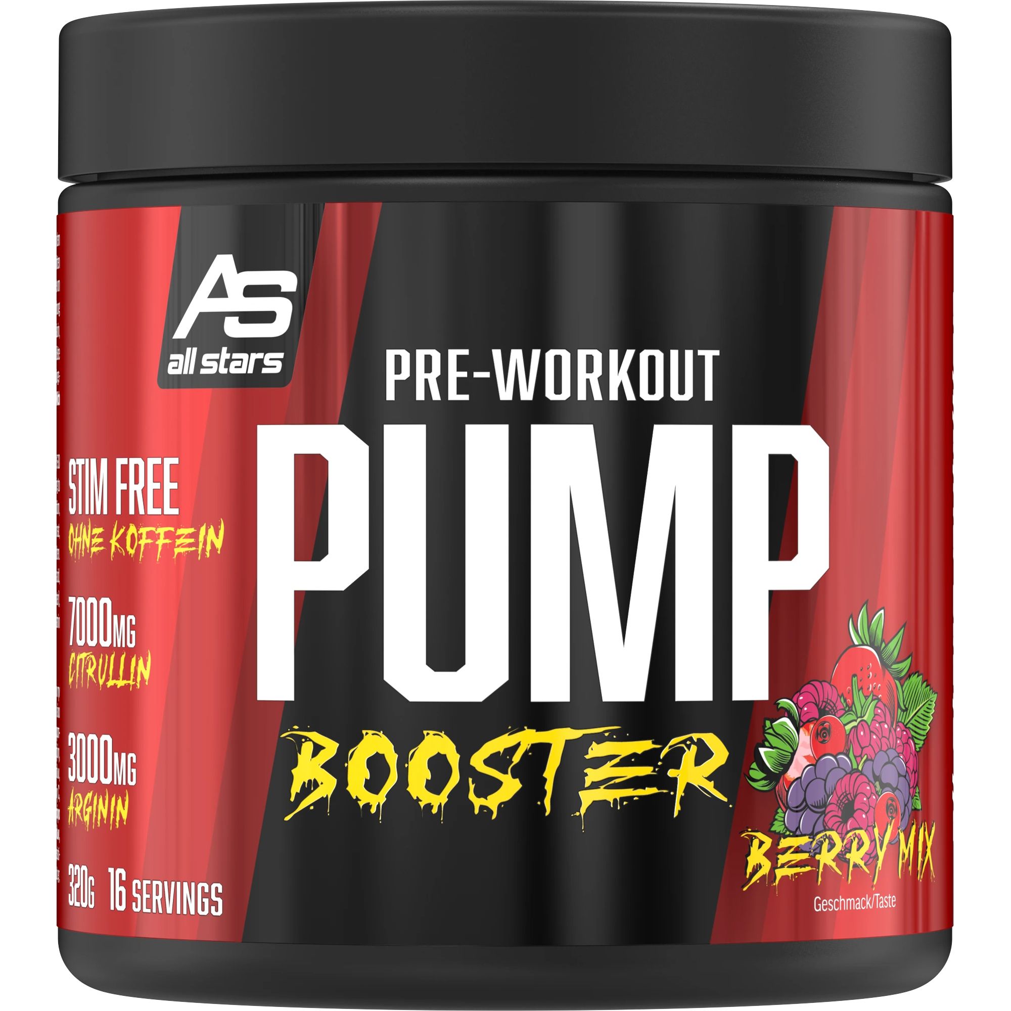 Schwarzer Behälter mit rotem Etikett. Aufschrift: PUMP BOOSTER, Berry Mix. Enthält 7000mg Citrullin und 3000mg Arginin.