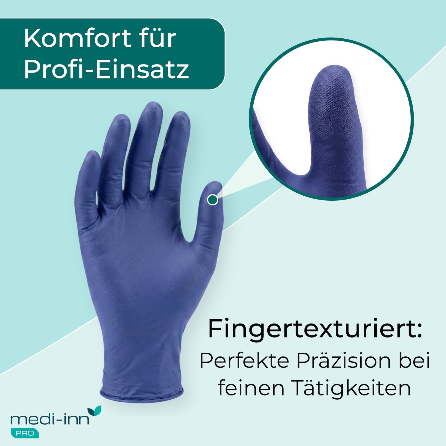 Blaue Nitril-Einmalhandschuhe, Nahaufnahme der Fingerspitzen mit Text über "Fingertexturiert" und "Komfort für Profi-Einsatz".