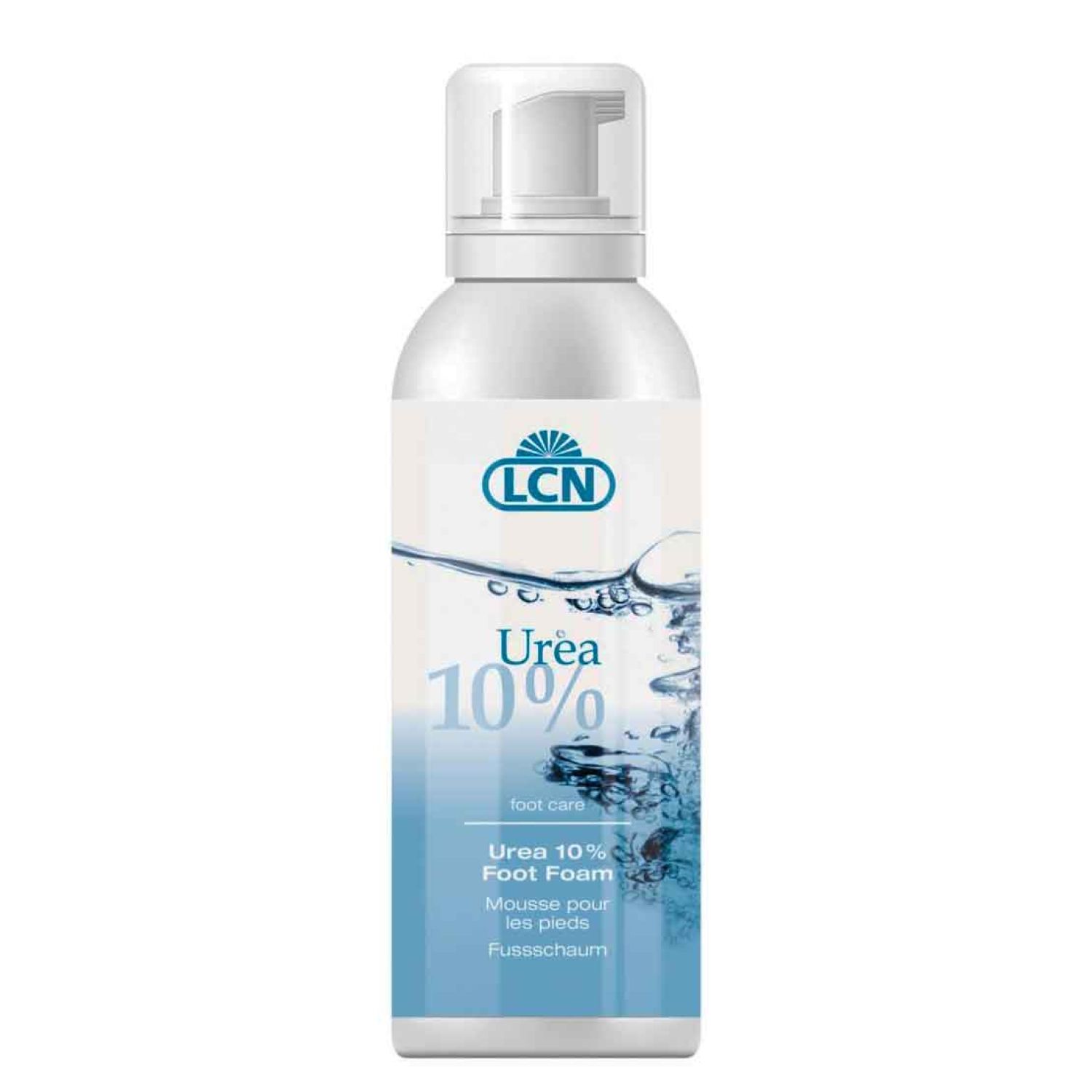 Weiße Flasche mit Sprühkopf. Aufschrift: LCN, Urea 10%, Foot Foam. Produkt für die Fußpflege.