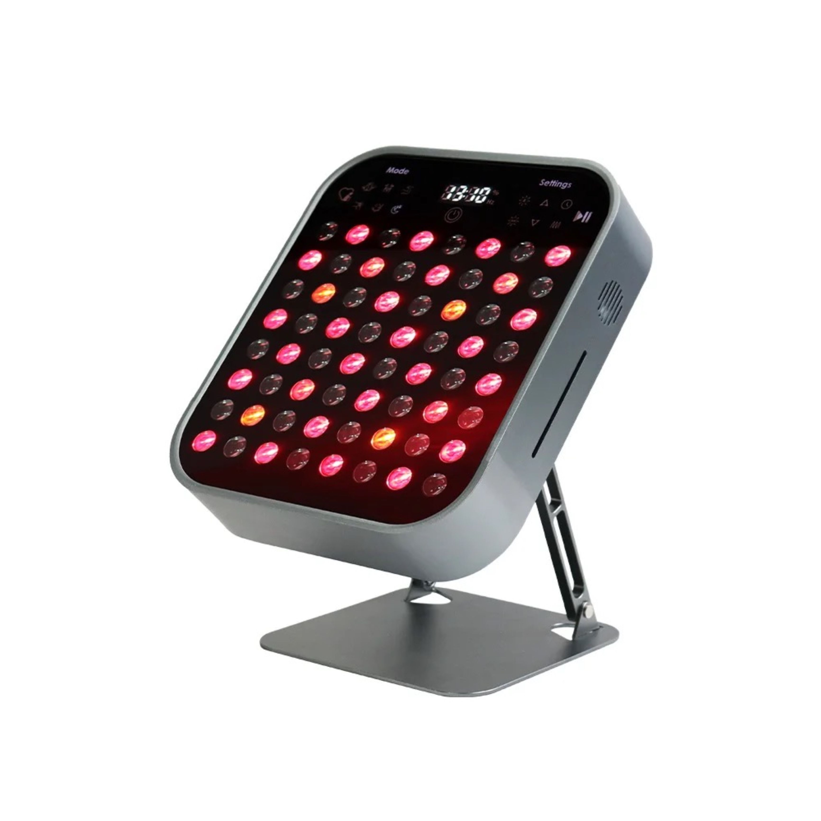 Infrarotlampe mit rotem Licht, auf einem Ständer. Digitalanzeige mit Uhrzeit und Einstellungen.