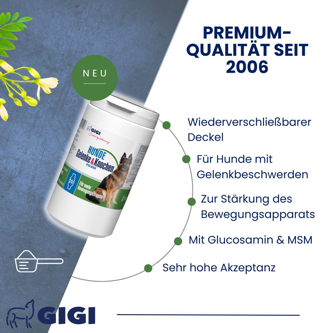 Produktverpackung mit "Hunde Gelenke & Knochen Pulver". Wiederverschließbarer Deckel, für Hunde mit Gelenkbeschwerden, mit Glucosamin & MSM.