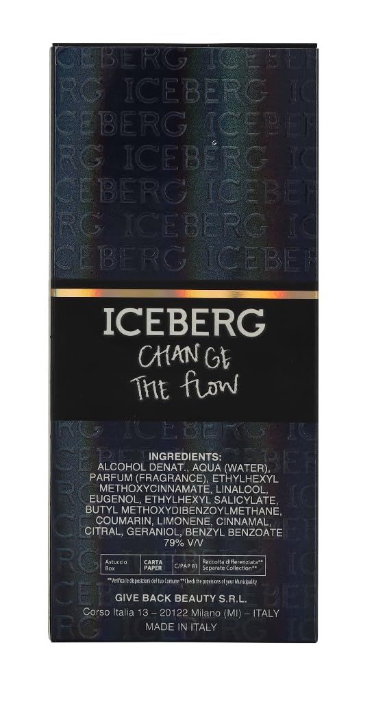 Rückseite der Schachtel ICEBERG Change The Flow. Zutatenliste, Text. Adressinformationen: Made in Italy.