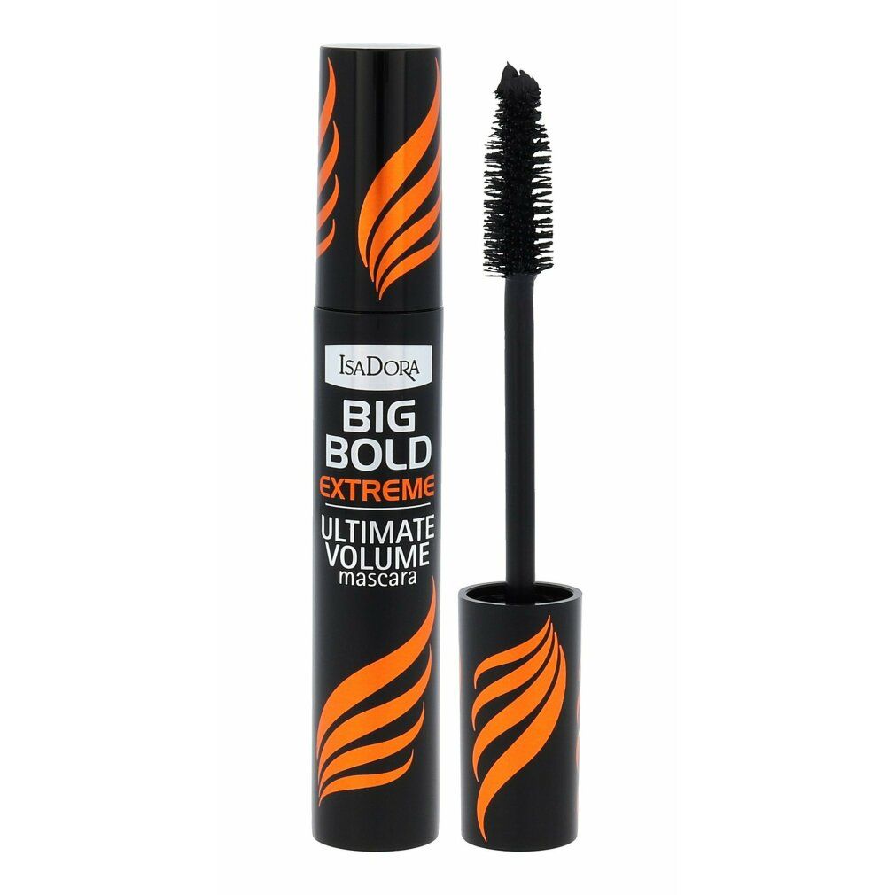 IsaDora BIG BOLD EXTREME Mascara. Schwarze Hülse mit orangefarbenen Akzenten. Bürste mit Mascara-Applikator.