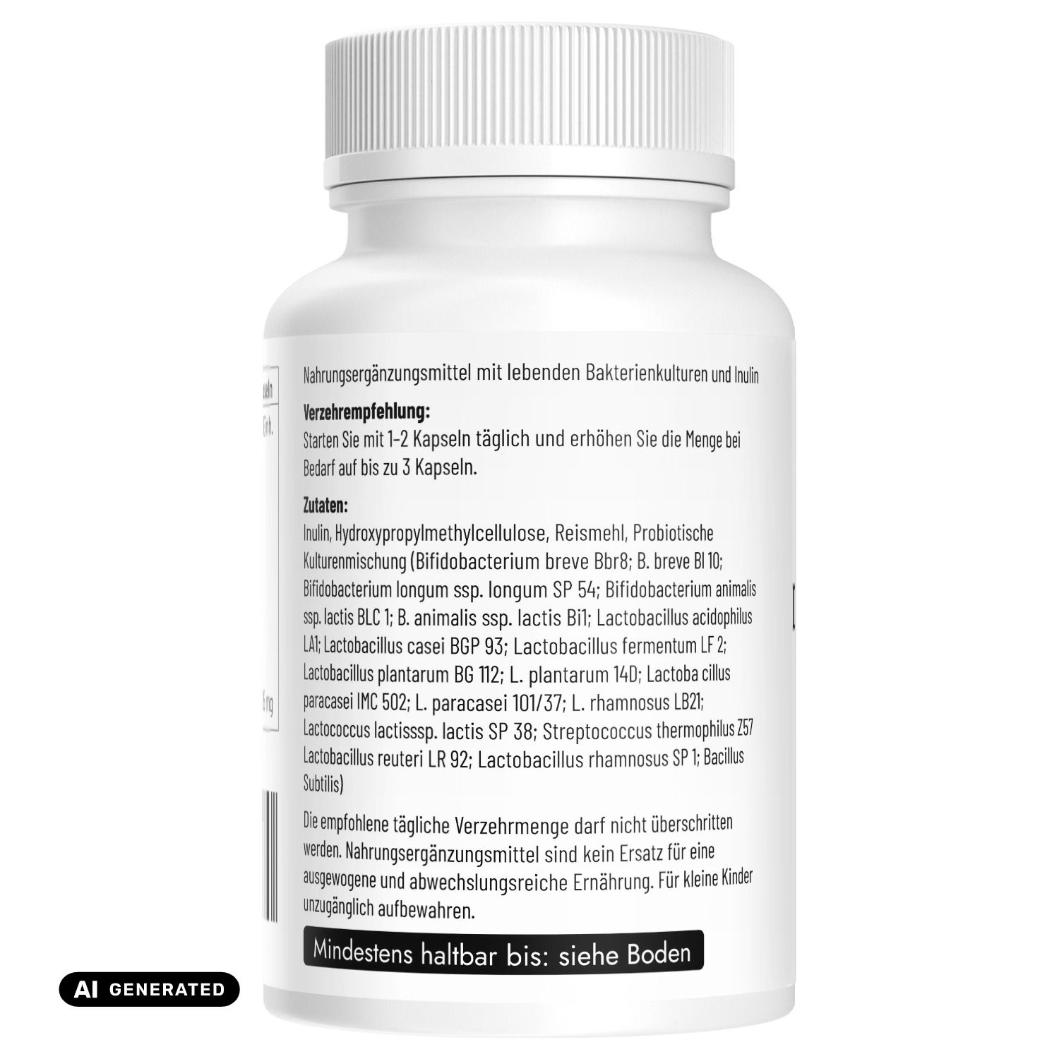 Rückseite einer Flasche Probiotika Darm Komplex mit Anwendungshinweisen und Haltbarkeitsdatum.