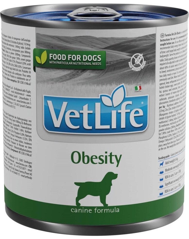 Farmina VetLife Obesity für Hunde. Dose mit Etikett. Text: VetLife, Obesity, canine formula. Grün-weißes Design.