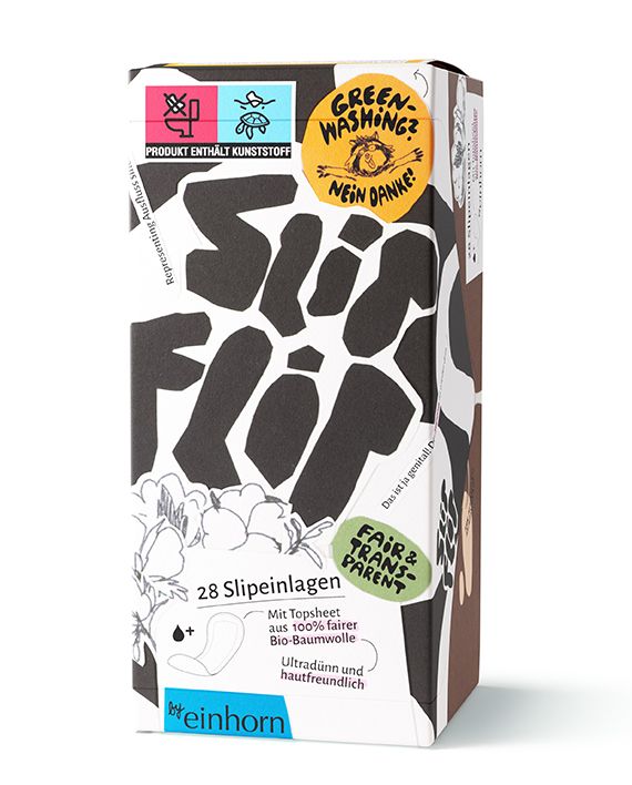 Verpackung von Slipeinlagen. Schwarze und weiße Muster, Produktname groß. Text: 28 Slipeinlagen, Bio-Baumwolle, Fair & Transparent.