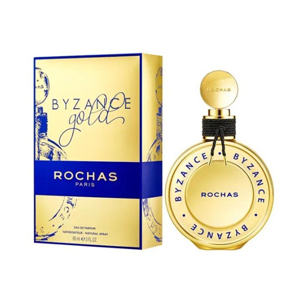 Rochas Byzance Gold Eau de Parfum Flakon und Schachtel auf weißem Hintergrund.