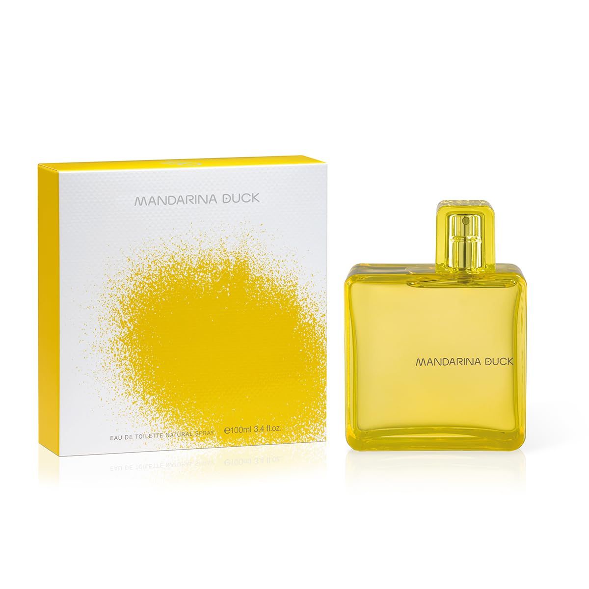 Eau de Toilette Spray und Verpackung. Gelbe Spritzer auf weißem Hintergrund. Schriftzug Mandarina Duck.