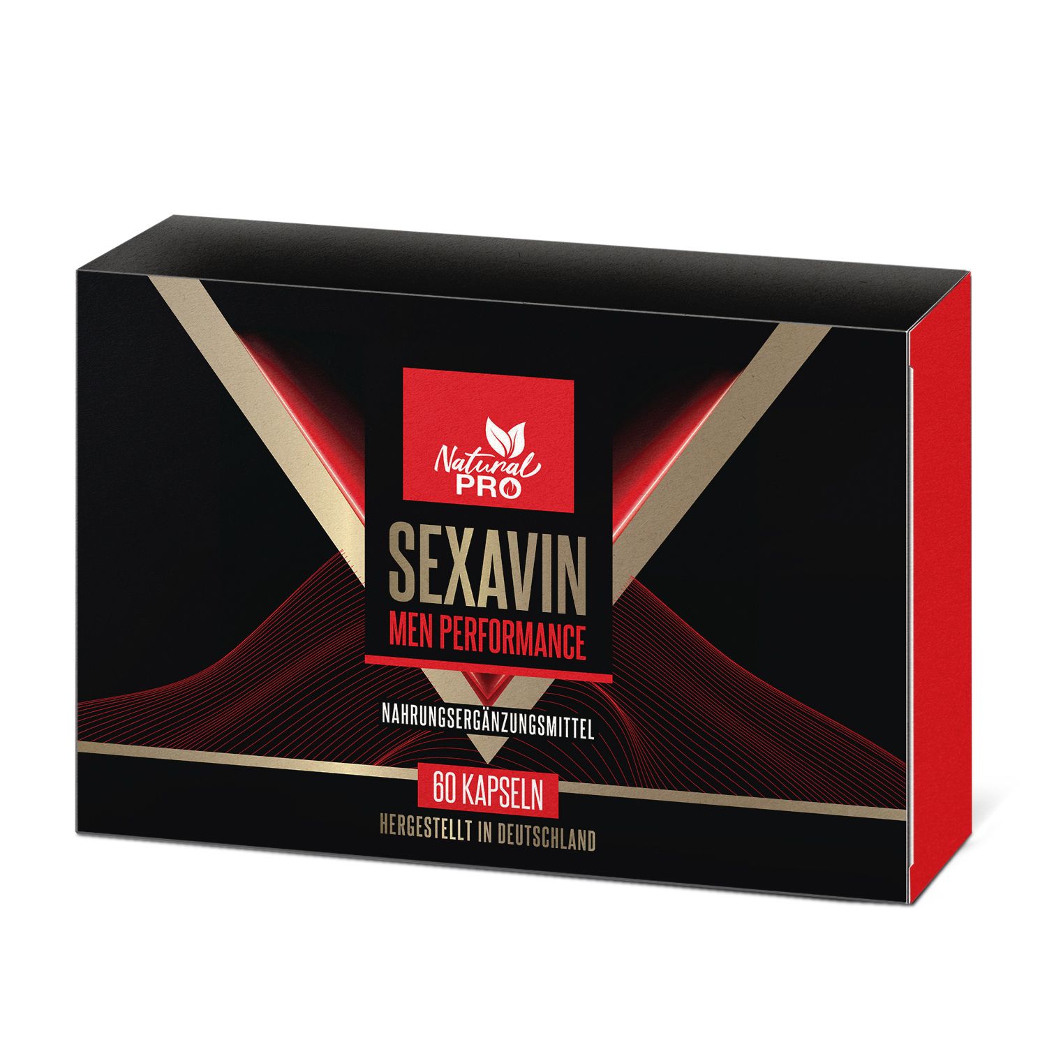 Schwarze Produktverpackung mit rotem und goldenem Design. Aufschrift: SEXAVIN MEN PERFORMANCE, 60 Kapseln. Hergestellt in Deutschland.