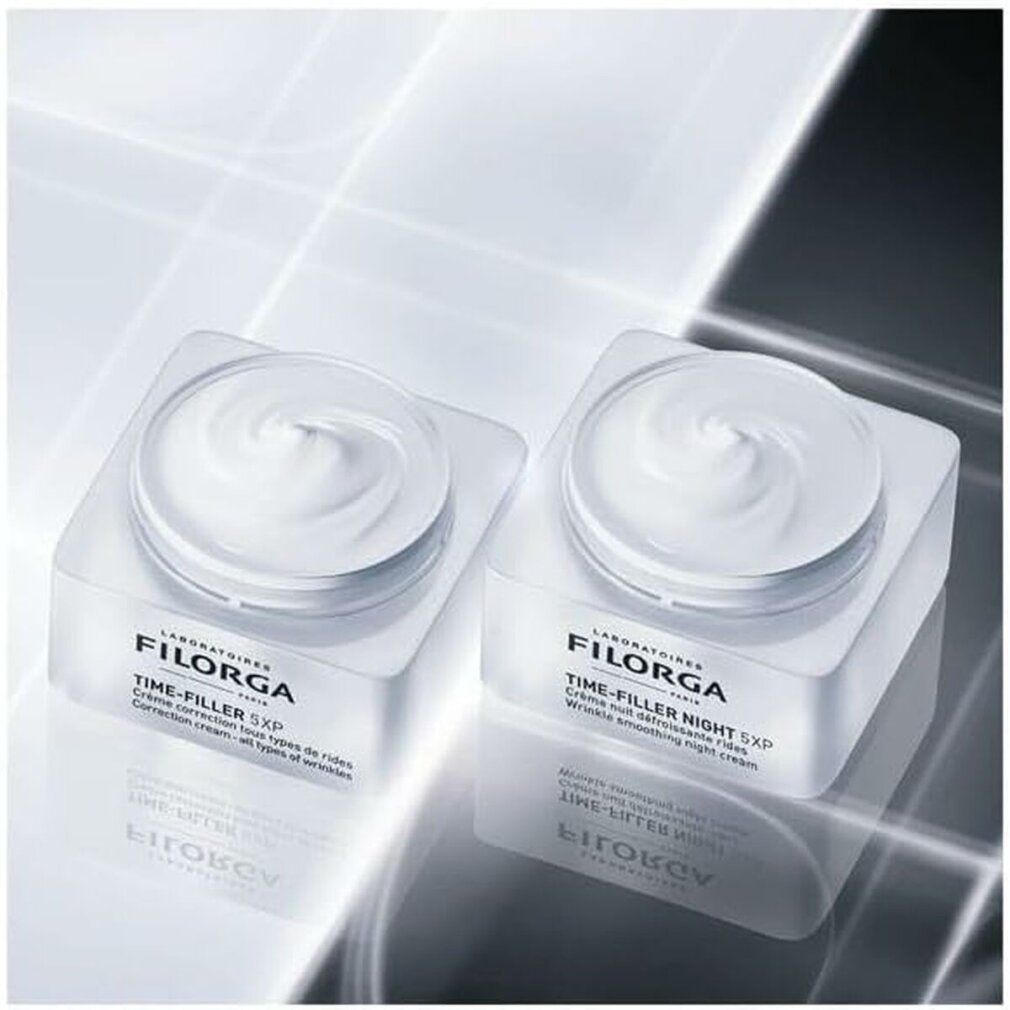 Verpackung. Aufschrift: FILORGA PARIS, TIME-FILLER NIGHT 5XP. Faltenreduzierende Nachtcreme. 50ml.