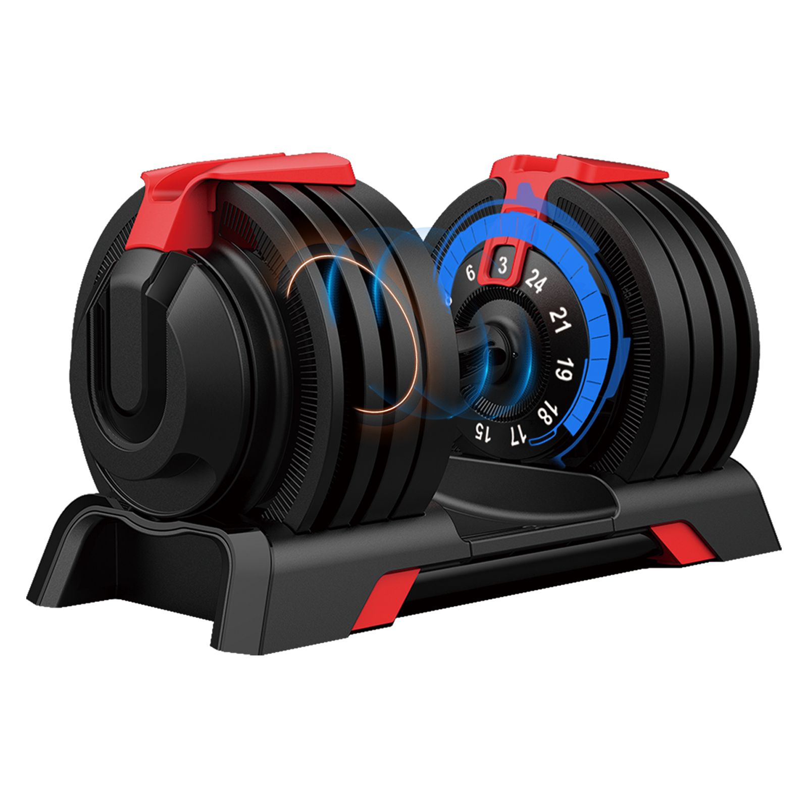 Verstellbare Hantel mit roter und blauer Akzent. Gewichtseinstellung von 3 bis 24 kg. Schwarze Farbe.