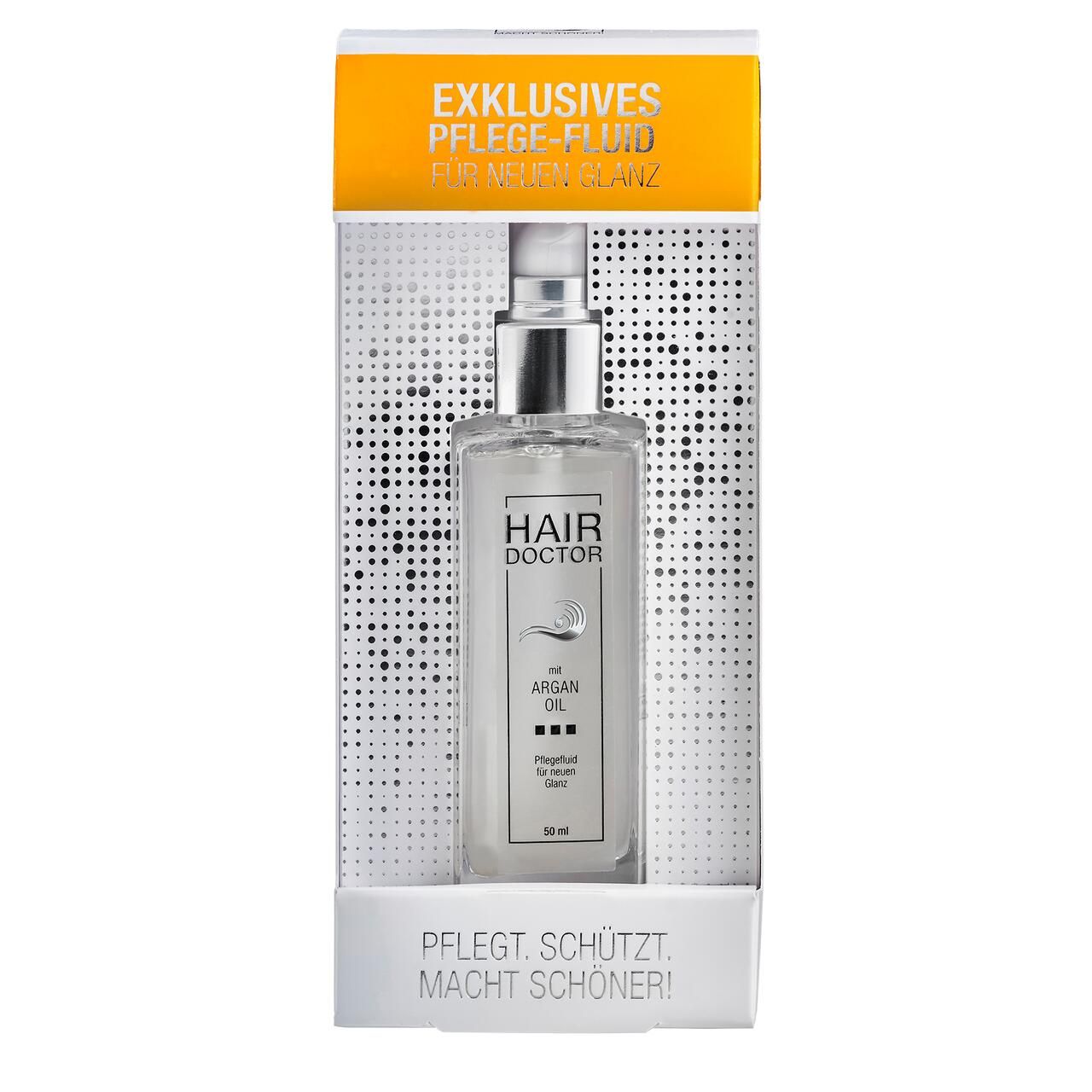 Haar Doctor Argan Oil in Verpackung. Flasche mit Sprühkopf. Text: Exklusives Pflege-Fluid, pflegt, schützt, macht schöner.