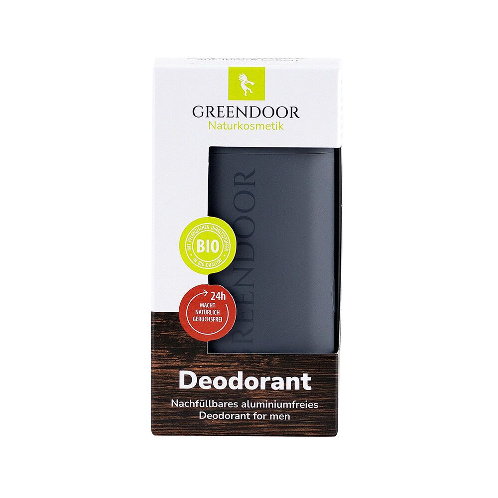 Deodorant-Set für Männer in Verpackung. Logo und Schriftzug GREENDOOR. Bio-Siegel. Text: Deodorant, aluminiumfrei.