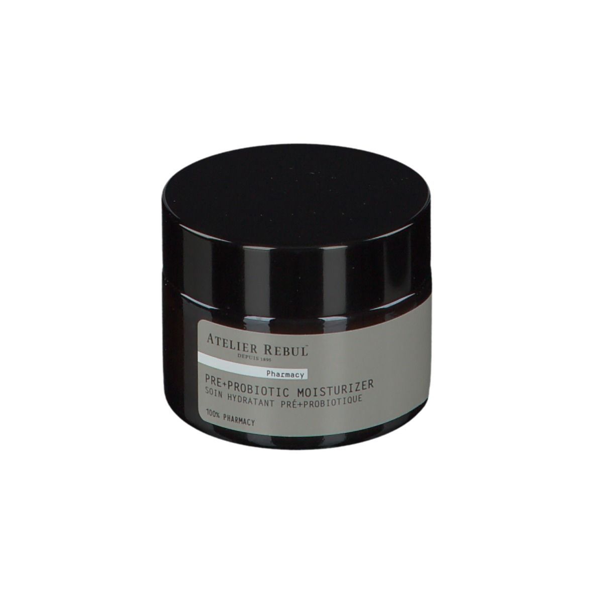 Bruine crèmepot met zwarte deksel. Op het etiket staat: ATELIER REBUL PRE+ PROBIOTIC MOISTURIZER.