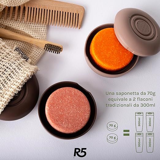 Zwei runde Seifenstücke in Halterungen. Text: R5, 70g entspricht 2x300ml Flaschen.