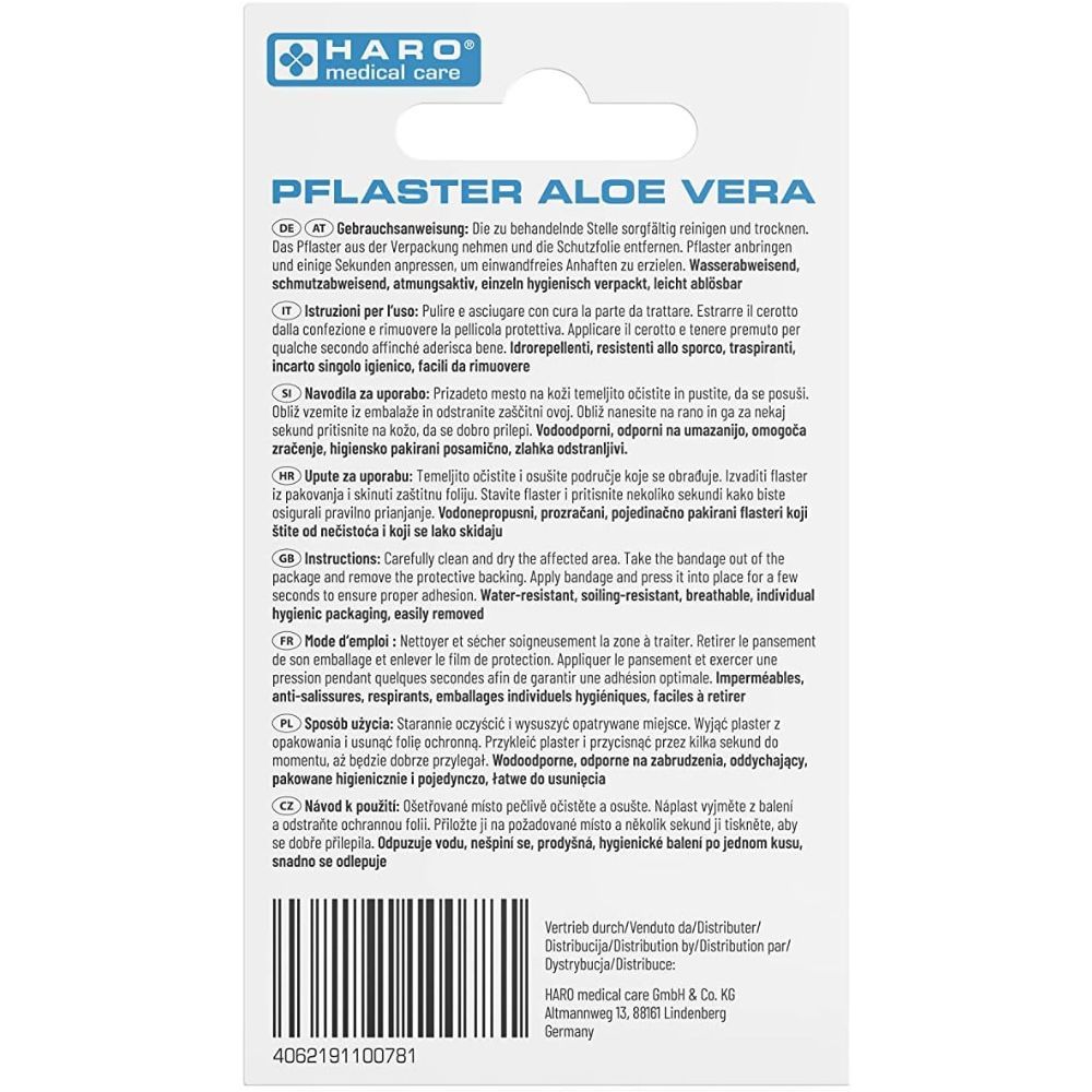 Achterkant van de pleisterverpakking. Tekst: gebruiksaanwijzing, ingrediënten. Medisch hulpmiddel. Fabrikantinformatie.