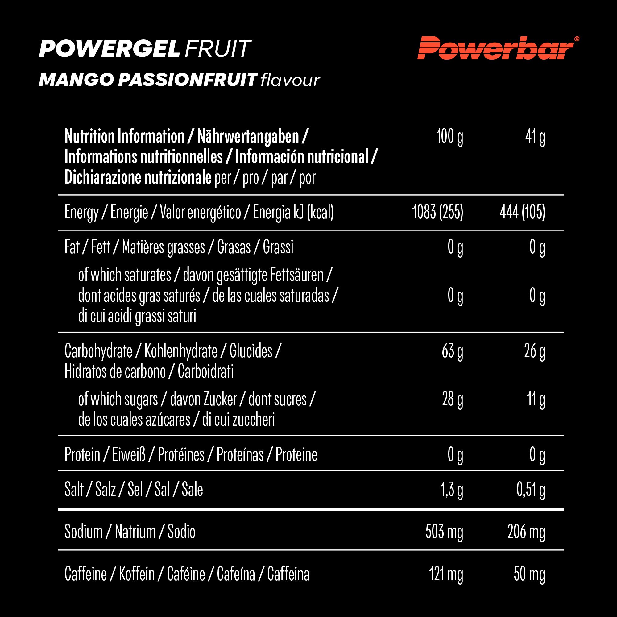 Nährwertangaben für PowerBar PowerGel Fruit. Angaben in Deutsch, Englisch, Französisch und Italienisch. Enthält 121 mg Koffein.